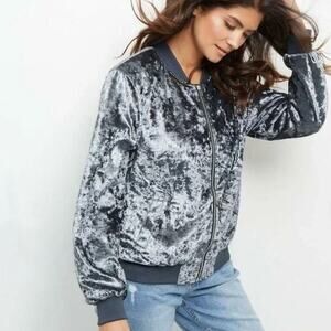 JADE & IVORY Crushed Velvet Quilted Metallic Slate Blue Bomber Jacket Size M